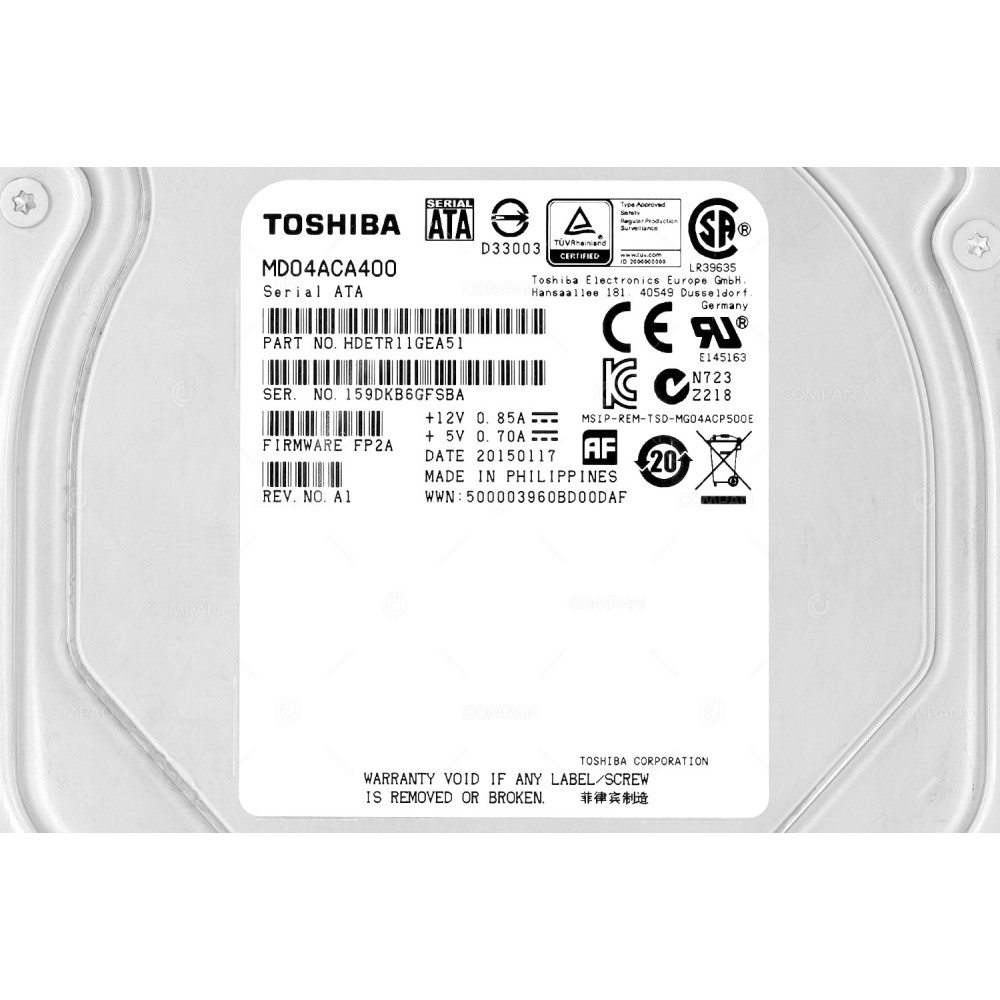 MD04ACA400 TOSHIBA HARD DRIVE 4TB 7.2K 64MB CACHE 6GB SATA 3.5 HDETR11GEA51